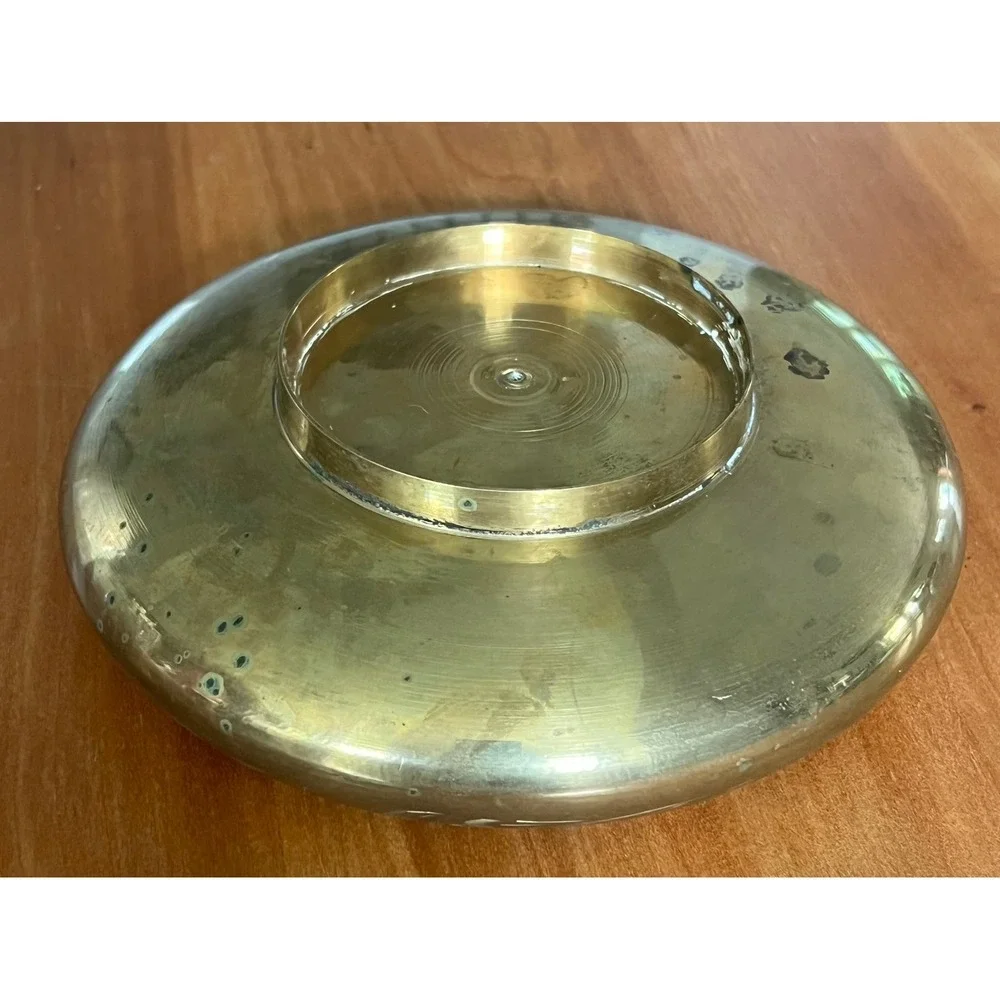 Vintage Etched Brass Flower Frog Bowl India Floral Engraved Gold Round Vase